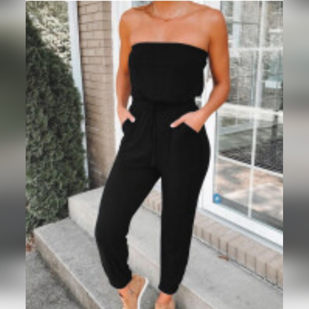 DREW Black Strapless Jumpsuit